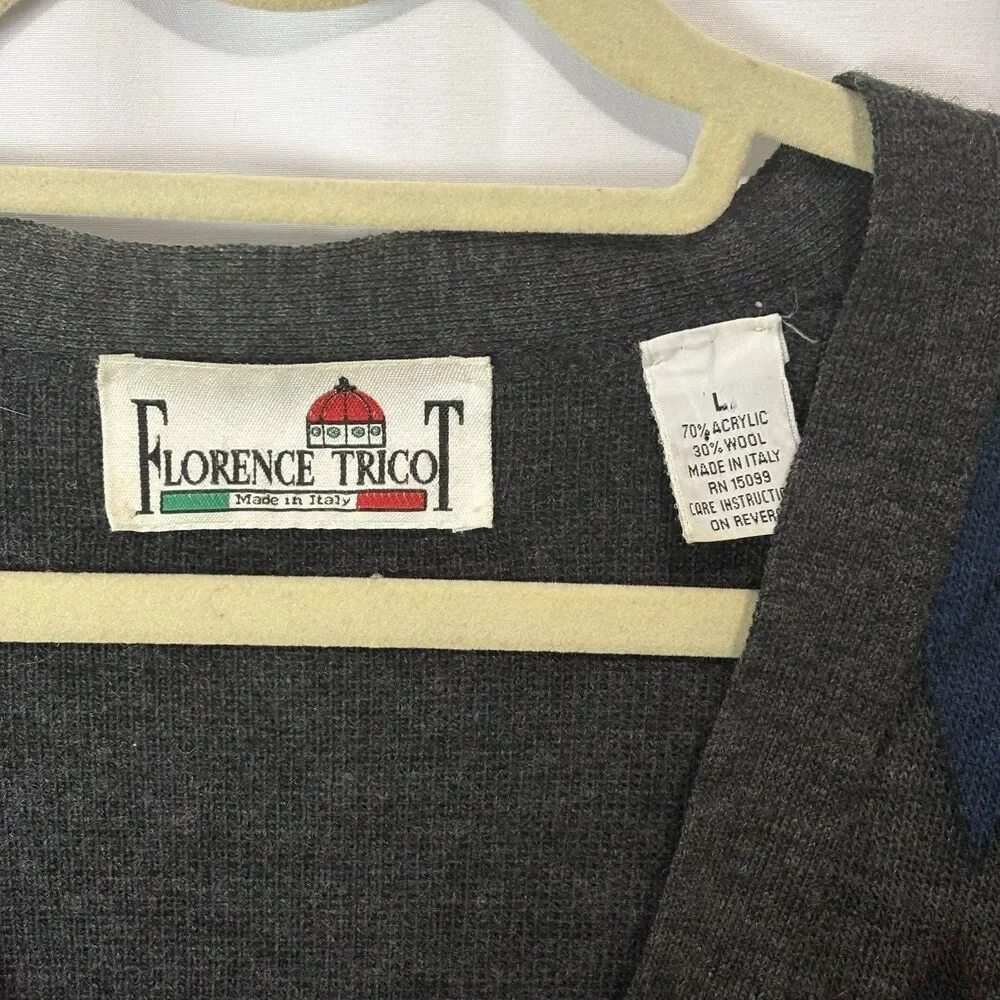 Vtg 90s Cardigan Sweater Florence Tricot Italian Wool Argyle‎ Grandpa Academia